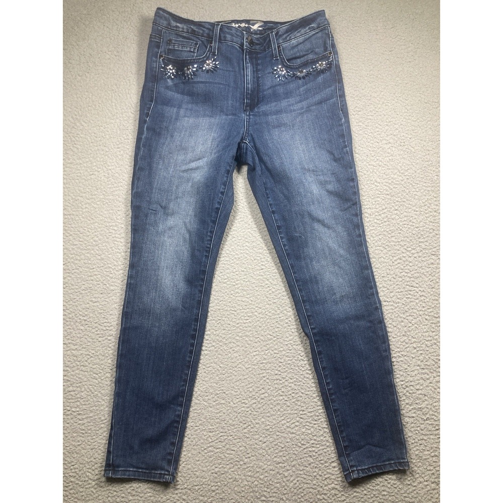 Seven 7 Jeans Women's 10 Blue Mid Rise Skinny Rhinestone‎ Flowers Stretch Denim